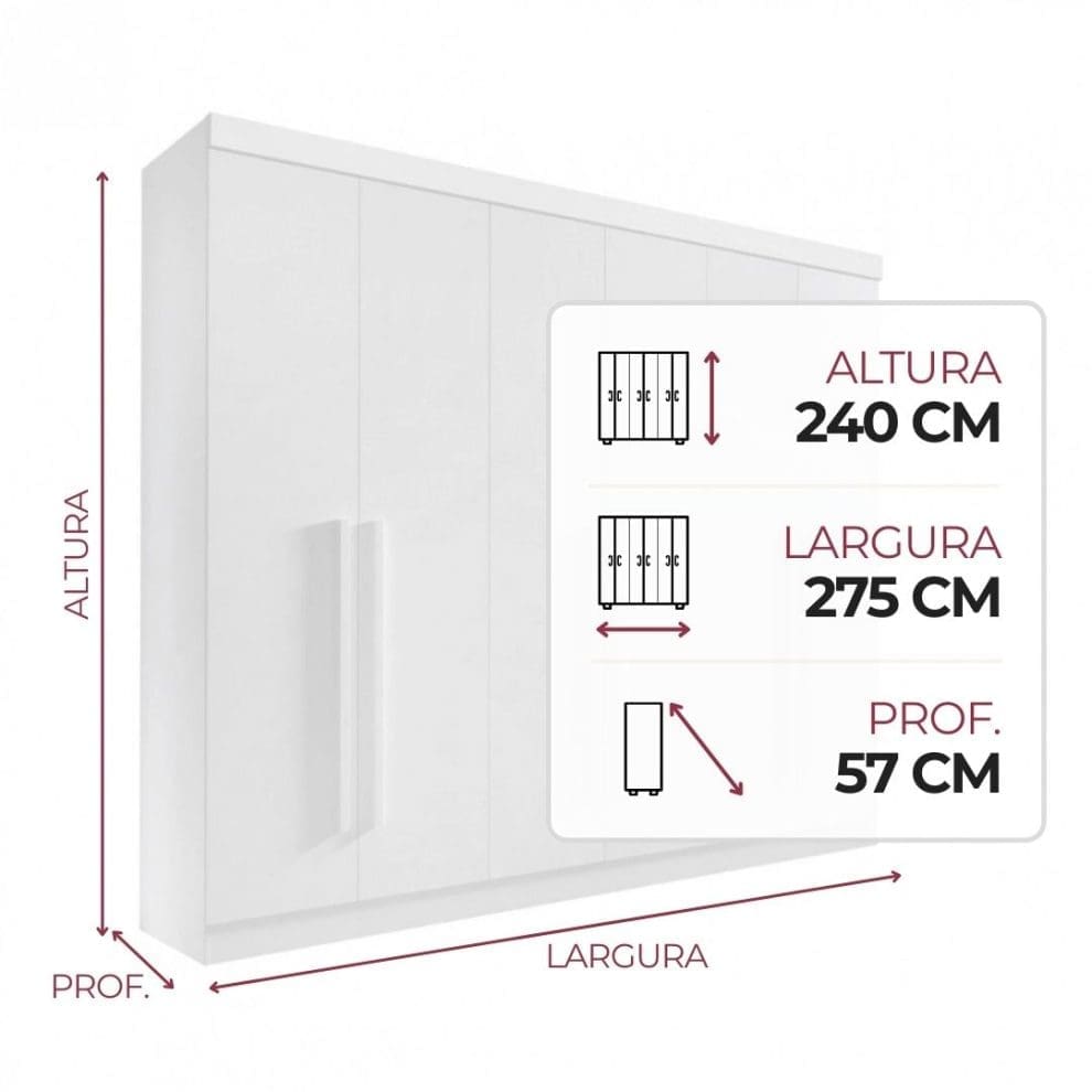 Guarda Roupa 6 Portas Da Vinci Plus Branco Guarda-Roupa Casal Da Vinci Plus – 6 Portas, 6 Gavetas, 100% MDF – Branco – 2,75 m