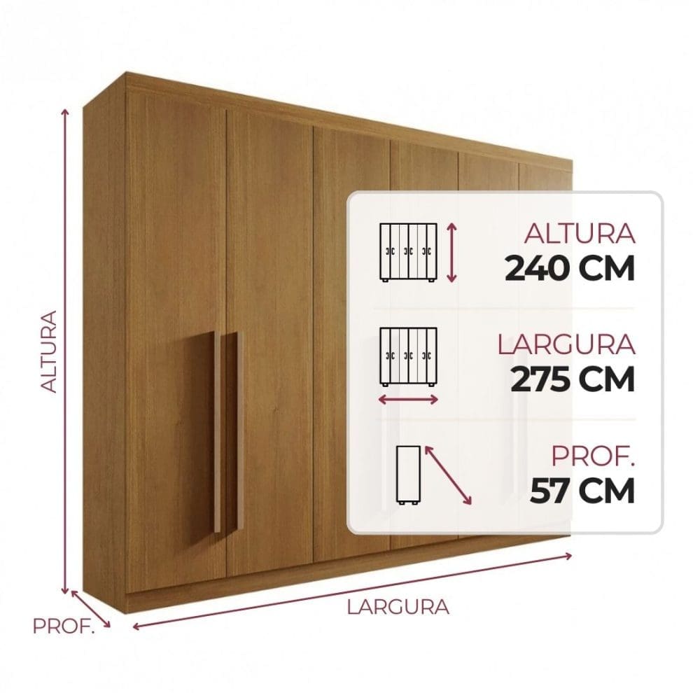 Guarda Roupa 6 Portas Da Vinci Plus Cinamomo Guarda-Roupa Casal 6 Portas Da Vinci Plus – 6 Gavetas – 100% MDF – Cinamomo – 2,75 m