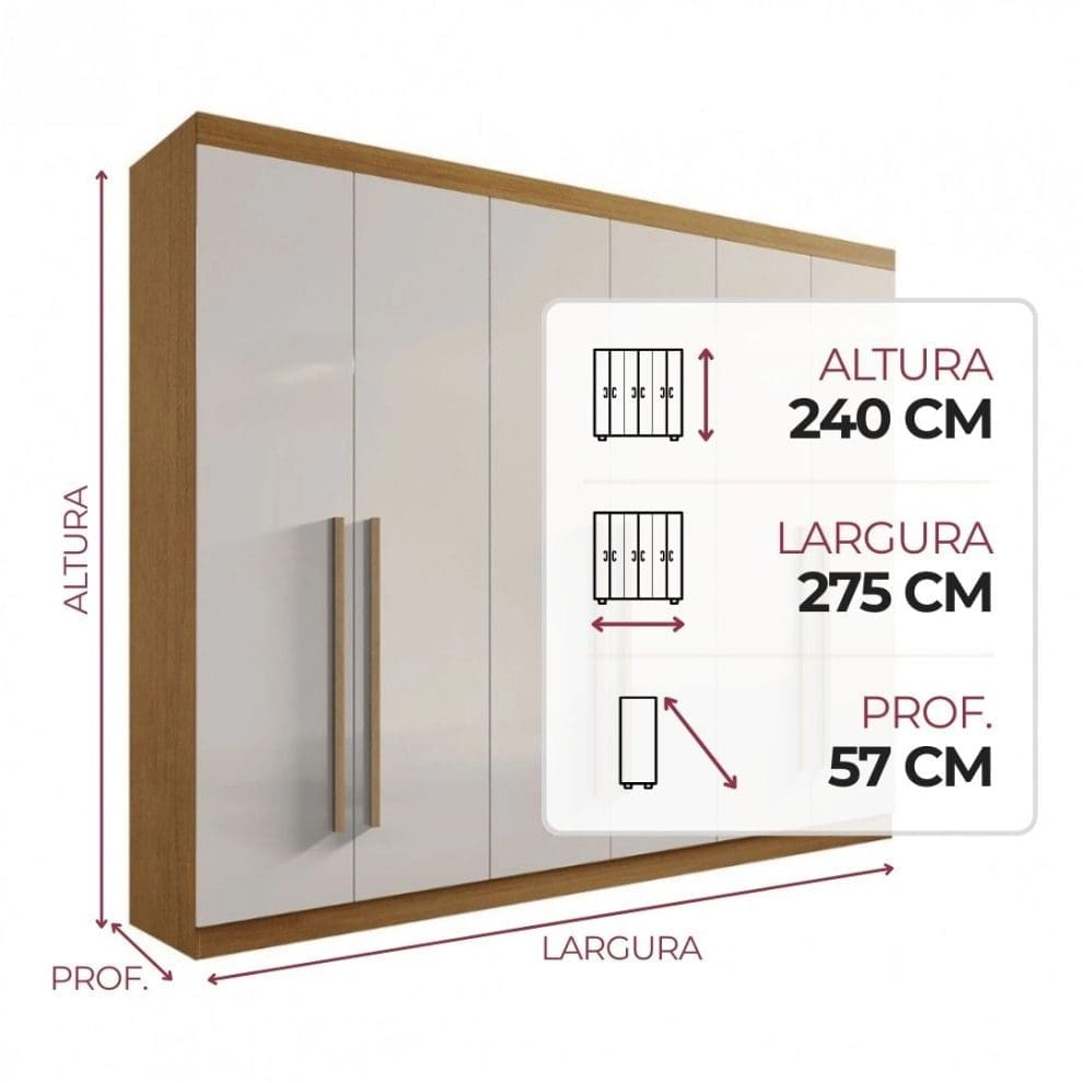 Guarda Roupa 6 Portas Da Vinci Plus Cinamomo e Off White Guarda-Roupa Casal 6 Portas Da Vinci Plus – 6 Gavetas – 100% MDF – Cinamomo com Off White – 2,75 m