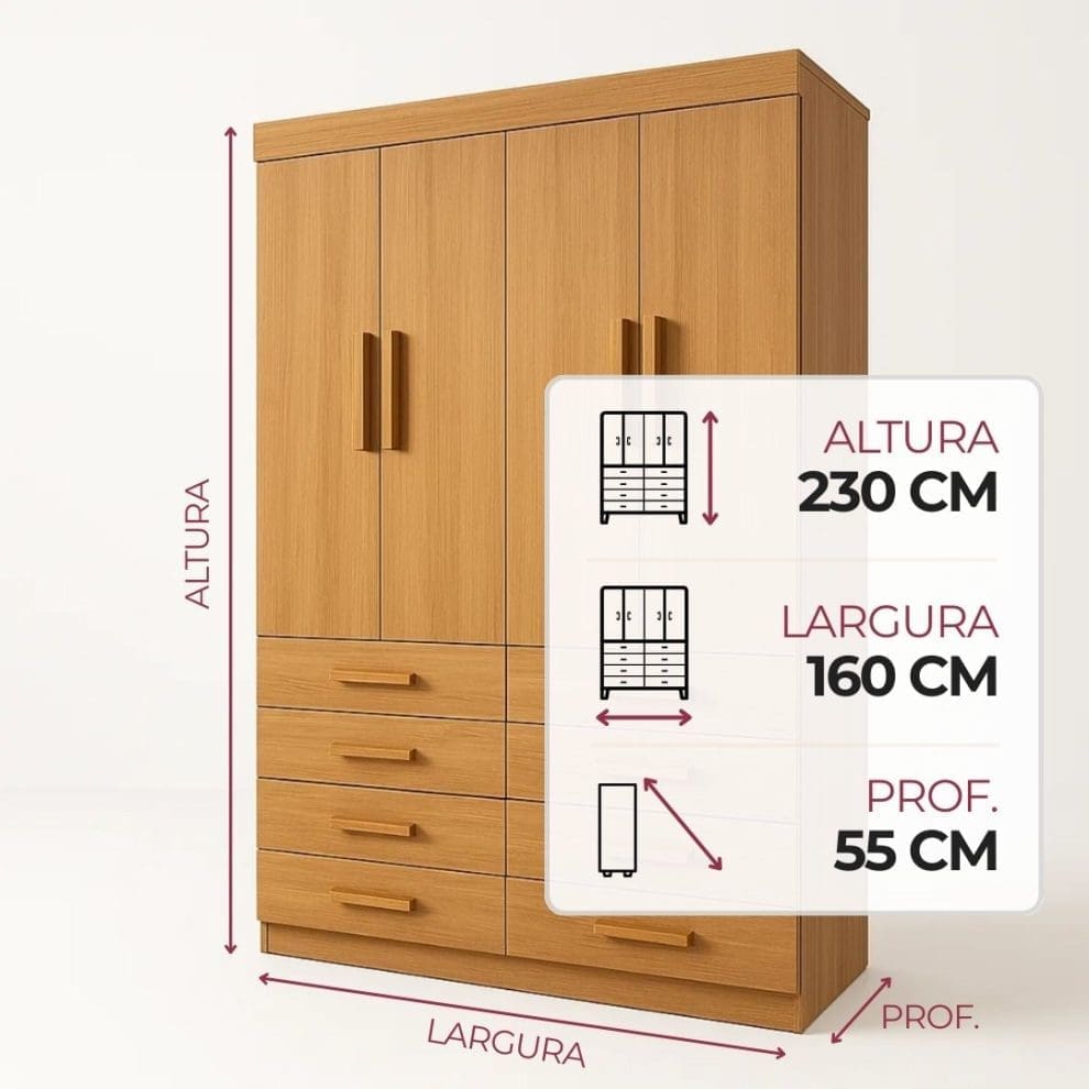 Guarda roupa Austin 4 portas 8 gavetas cinamomo Guarda-Roupa Solteiro 4 Portas Austin – 8 Gavetas – Estrutura MDF – Cinamomo – 1,60 m