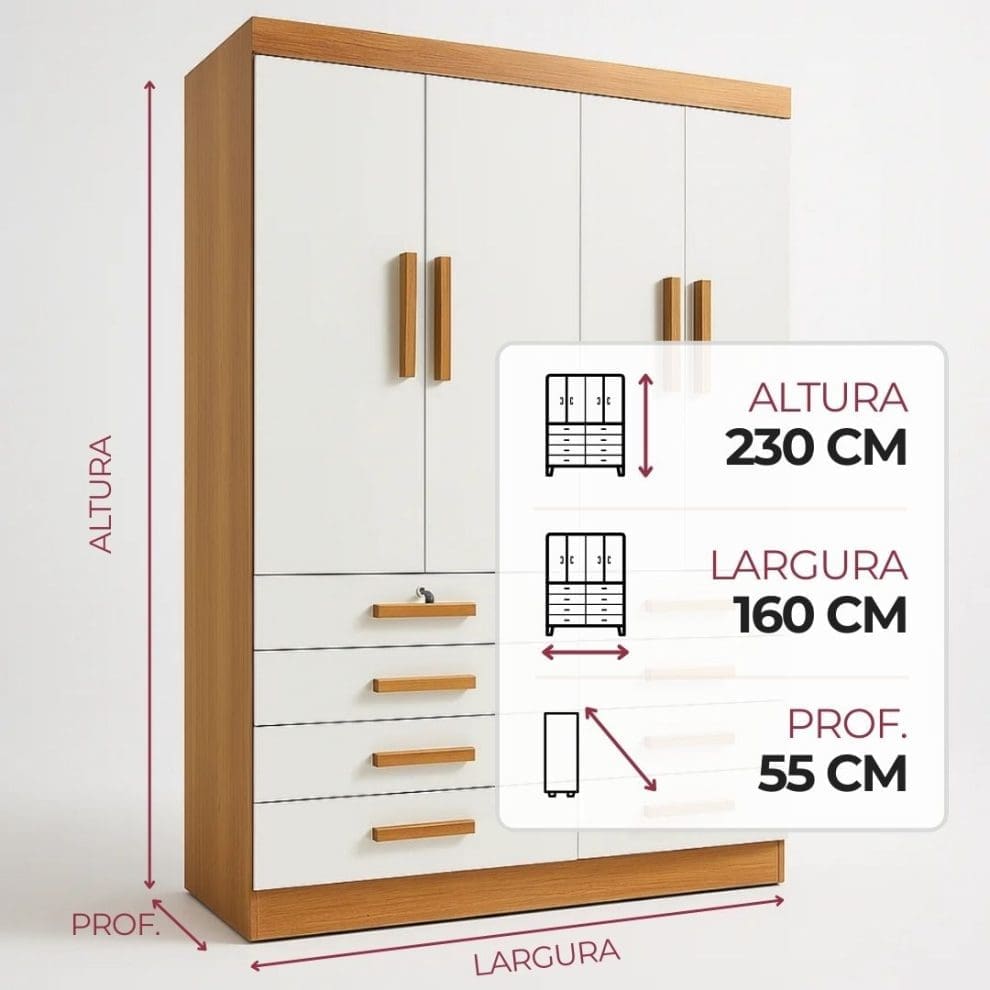 Guarda roupa Austin 4 portas 8 gavetas cinamomo off white Guarda-Roupa Solteiro 4 Portas Austin – 8 Gavetas – Estrutura MDF – Cinamomo com Off White – 1,60 m
