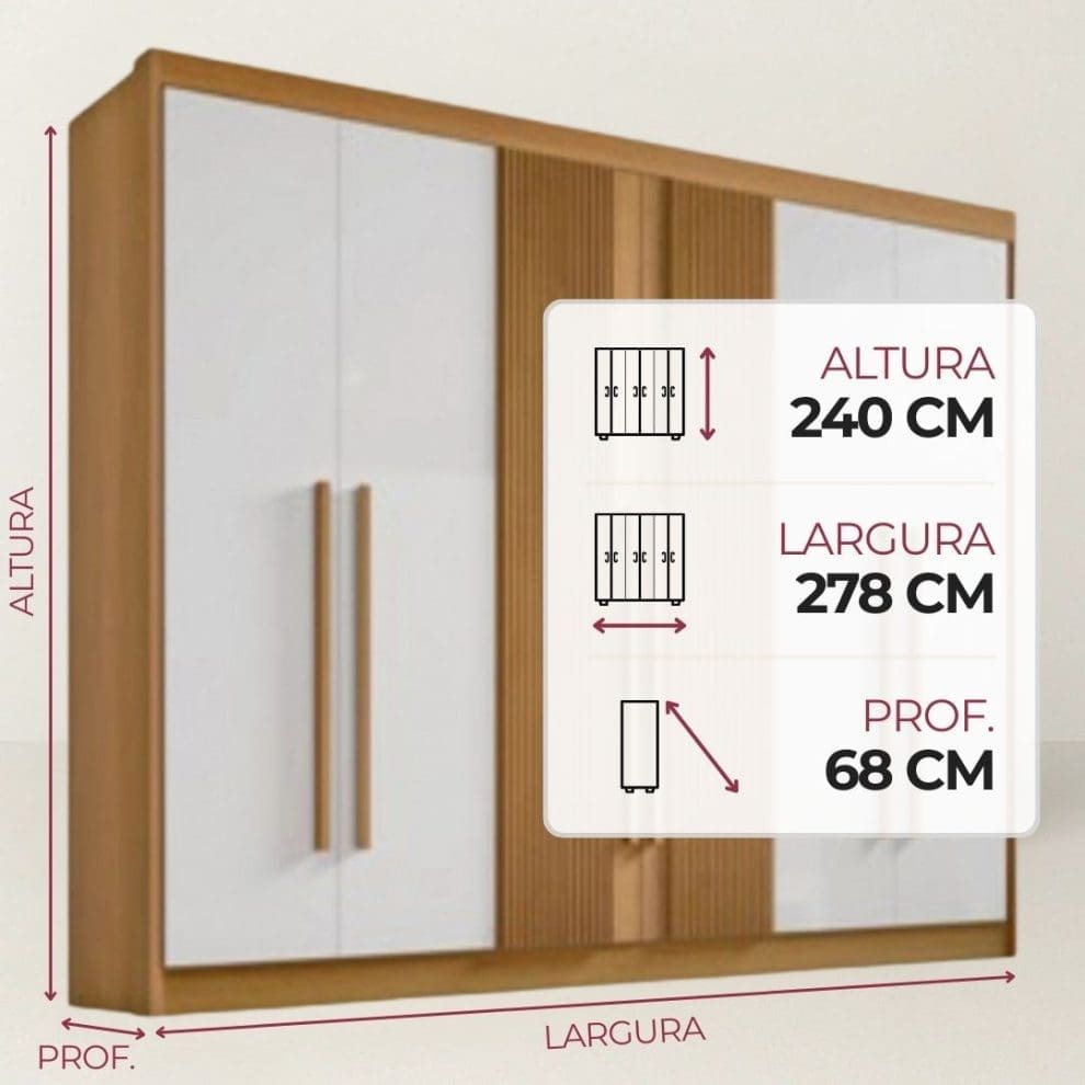 Guarda roupa Columbus 6 portas cinamomo off white Guarda-Roupa Casal 6 Portas Columbus – 6 Gavetas – 100% MDF – Cinamomo com Off White – 2,78 m – Ripado – Sapateira