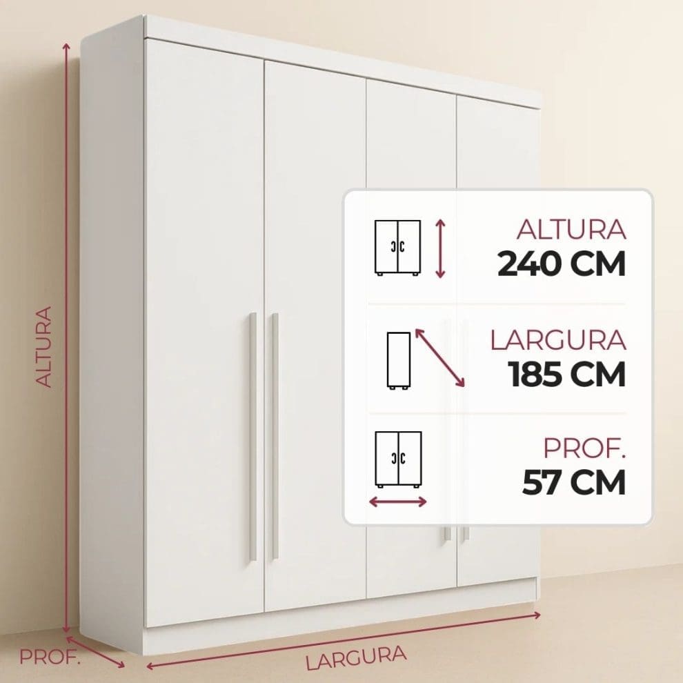 Guarda roupa Detroit 4 portas branco Guarda-Roupa Solteiro 4 Portas Detroit Plus – 3 Gavetas – 100% MDF – Branco – 1,85 m