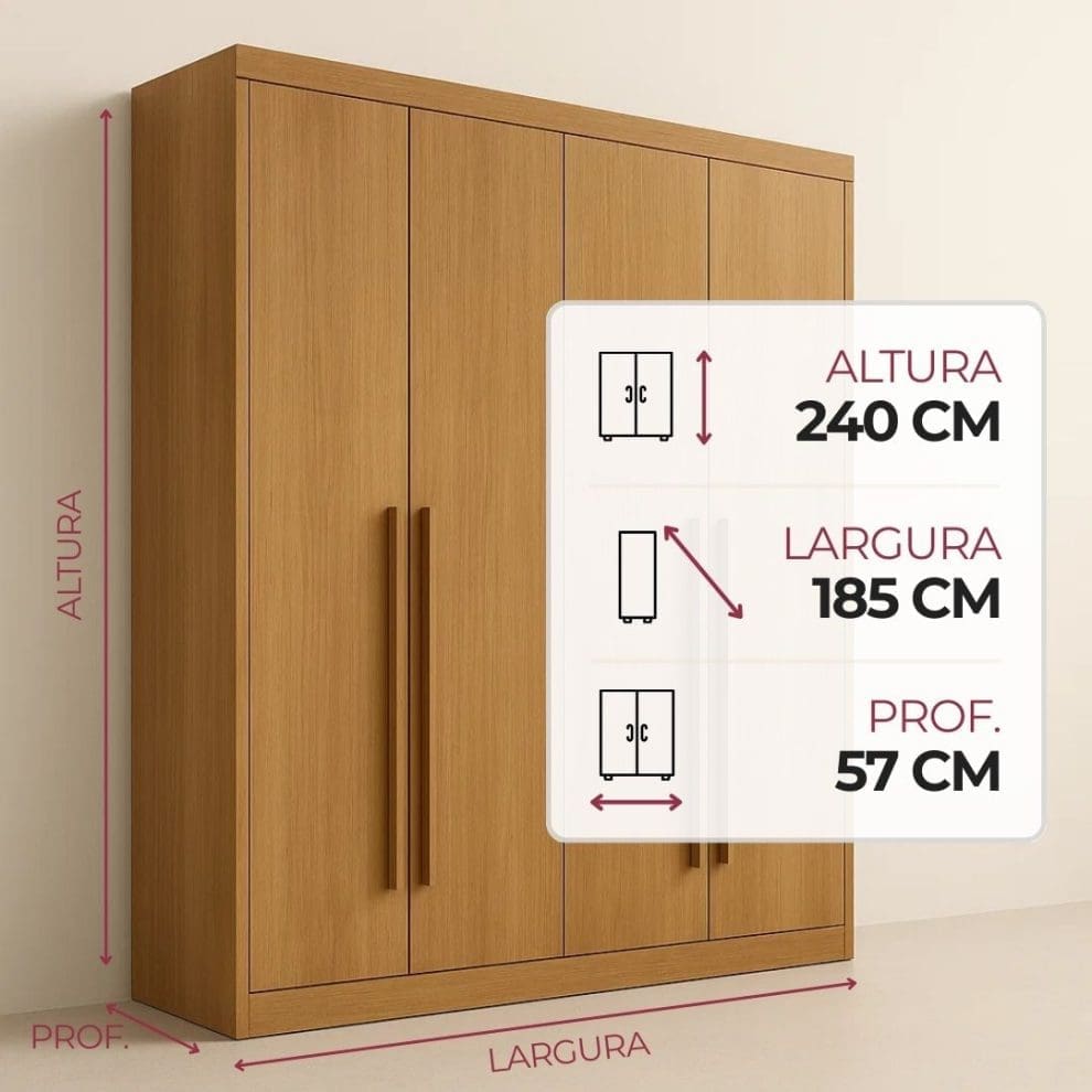 Guarda roupa Detroit 4 portas cinamomo Guarda-Roupa Solteiro 4 Portas Detroit Plus – 3 Gavetas – 100% MDF – Cinamomo – 1,85 m