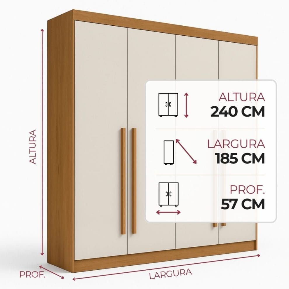 Guarda roupa Detroit 4 portas cinamomo off white Guarda-Roupa Solteiro 4 Portas Detroit Plus – 3 Gavetas – 100% MDF – Cinamomo com Off White – 1,85 m