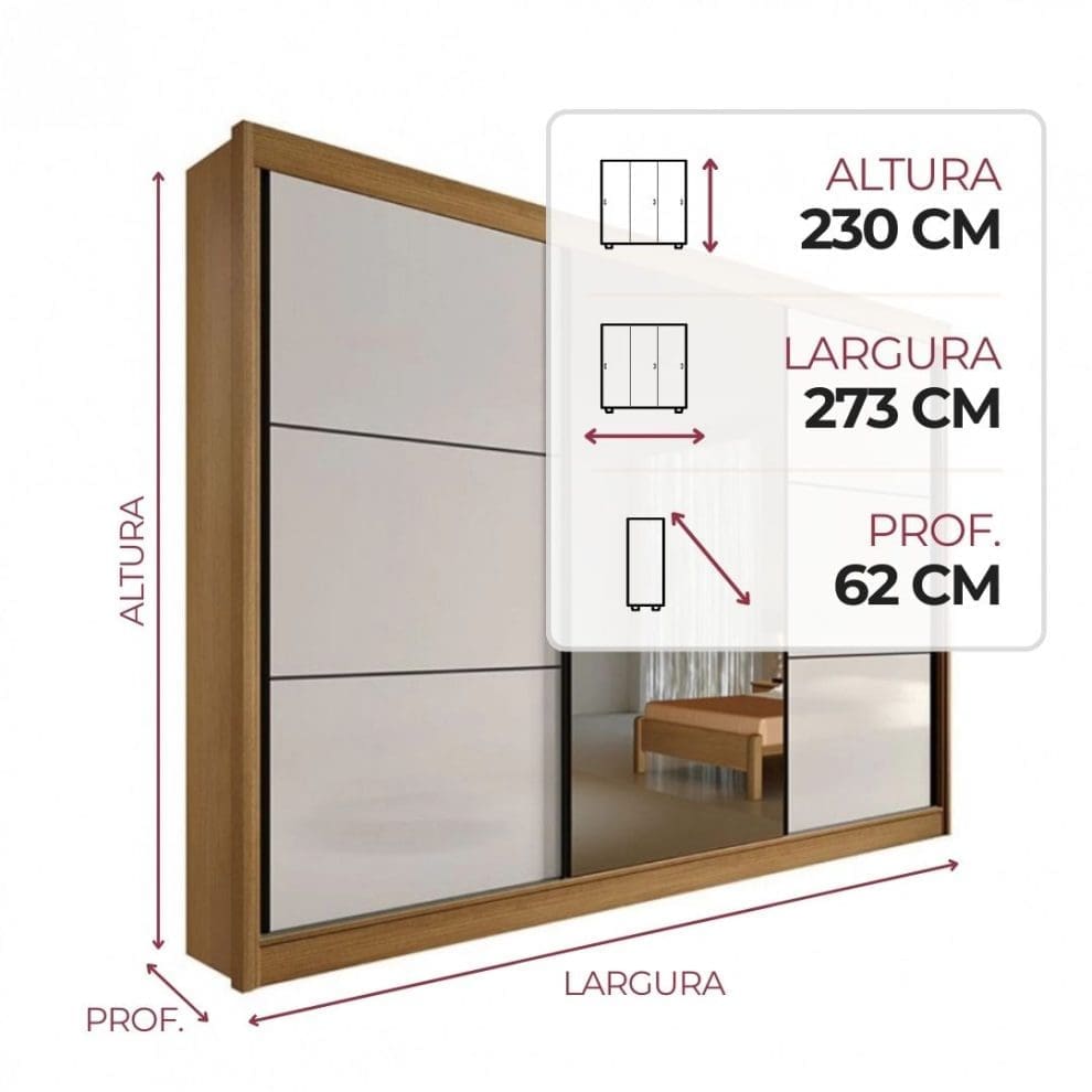 Guarda roupa com espelho 3 portas 6 gavetas Los Angeles Cinamomo Off White Guarda-Roupa Casal 3 Portas Los Angeles – 6 Gavetas – 100% MDF – Cinamomo com Off White – 2,73 m – Com Espelho