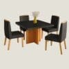 Mesa de jantar marmorizada Texas 90x90 com 4 cadeiras de couro preto