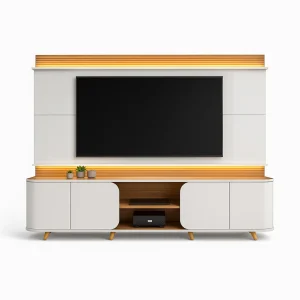 Home com Led Jazz 240 cm – Bali/Cedro, MDF Ripado Canelado, 4 Portas com Fecho Toque e Suporte para TV até 75”