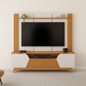 Rack + Painel Olga 183x124 cm – Bali/Cedro, MDF Ripado com Prateleira e Bancada para TV até 75”