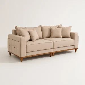 Sofá Living Loren 216 cm – Linho Areia, Molas Ensacadas, Espuma D28 e Pés de Madeira