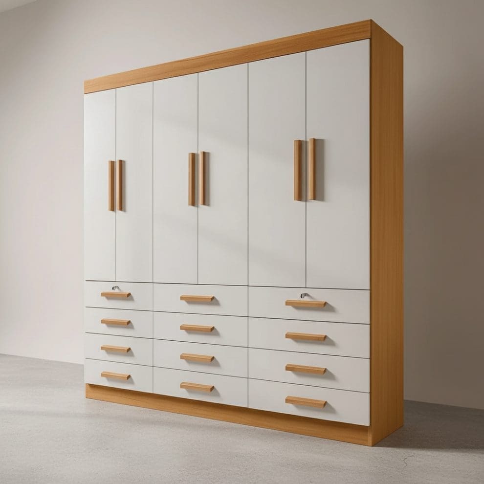 generated-image-1756487392852 generated image 1756487392852 Guarda-Roupa Casal 6 Portas Austin Plus – 12 Gavetas – Estrutura MDF – Cinamomo com Off White – 2,40 m