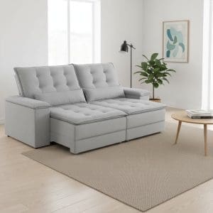 Sofá Retrátil e Reclinável Coral – Linho Gelo – 2,50 m – Espuma D28 Certificada e Estrutura Reforçada