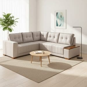 Sofá de Canto Agnes 236×236 cm – Estrutura de Madeira Reflorestada, Espuma D28 e Pés Imbuia Mel