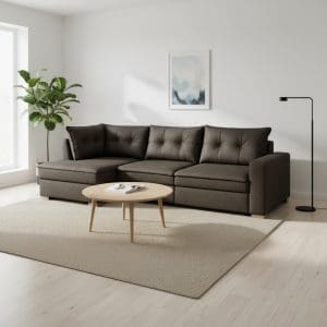 Sofá de Canto Retrátil Munique 280 cm – Tecido Marrom, Espuma D28 Soft e Pillow de 9 cm