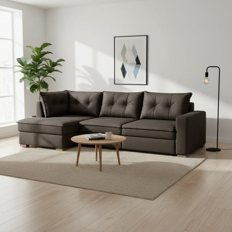 generated image 1761831917653 Sofá de Canto Retrátil Munique 280 cm – Tecido Marrom, Espuma D28 Soft e Pillow de 9 cm