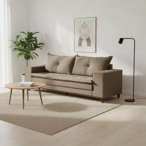 Sofá de 3 Lugares Zafira 220 cm – Linho Marrom, Espuma D28 Soft, Molas ZigZag e Pés Imbuia Mel