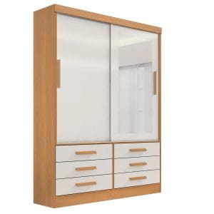 Guarda-Roupa Solteiro 2 Portas Tucson – 6 Gavetas – Estrutura MDF – Cinamomo com Off White – 1,35 m – Com Espelho