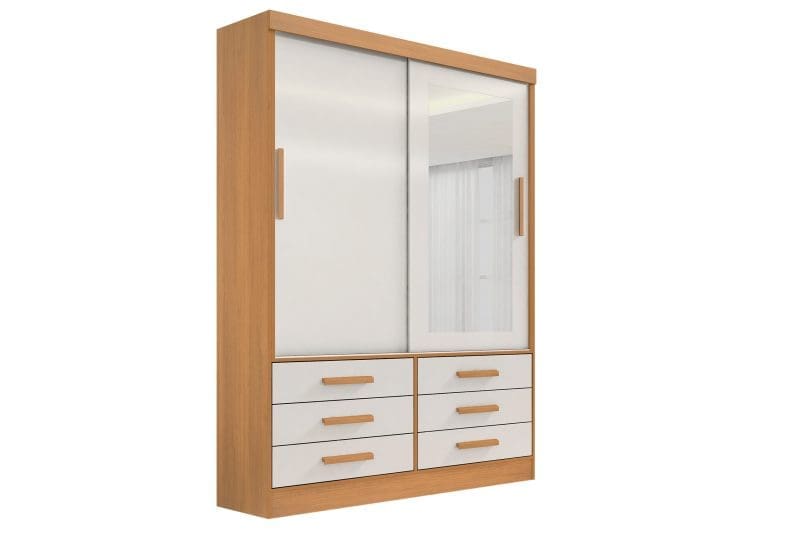 meridian 02 portas cinamomo com off scaled 2 Guarda-Roupa Solteiro 2 Portas Tucson – 6 Gavetas – Estrutura MDF – Cinamomo com Off White – 1,35 m – Com Espelho