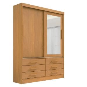 Guarda-Roupa Solteiro 2 Portas Tucson – 6 Gavetas – Estrutura MDF – Cinamomo – 1,35 m – Com Espelho