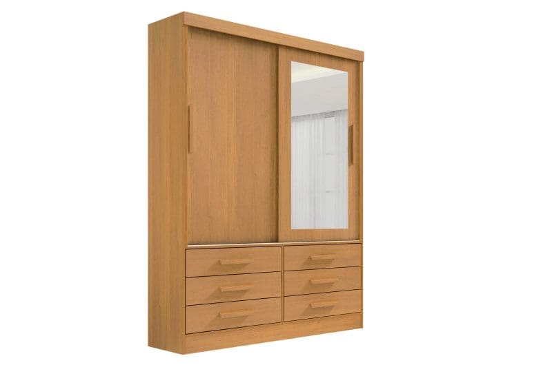 meridian 02 portas cinamomo scaled 1 Guarda-Roupa Solteiro 2 Portas Tucson – 6 Gavetas – Estrutura MDF – Cinamomo – 1,35 m – Com Espelho