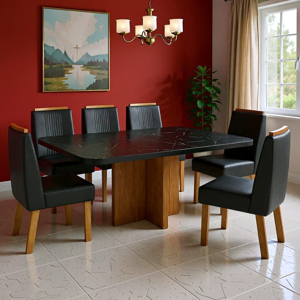 qwen image edit Change only the BACK 1 Mesa de jantar marmorizada Texas 180x90 com 6 cadeiras de couro preto