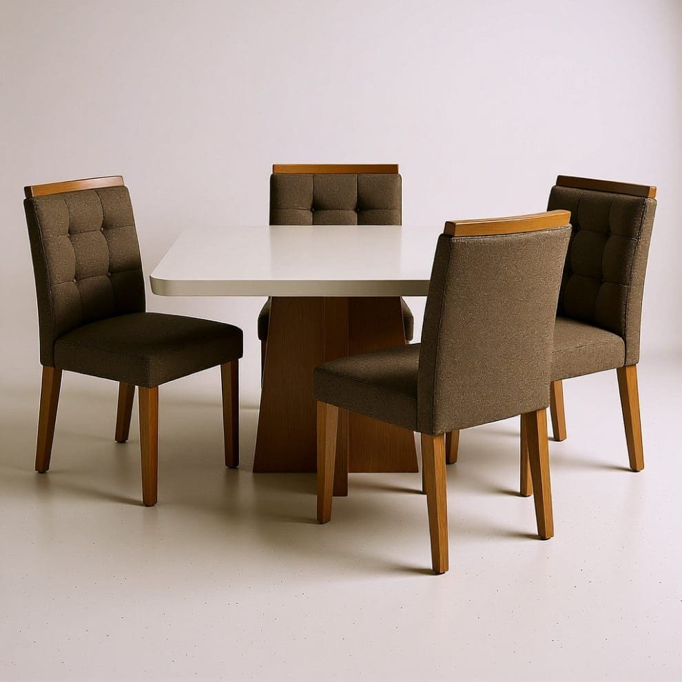 qwen image edit Total focus on reali 2 Mesa de Jantar Porto Off White com 4 cadeiras Linho marrom