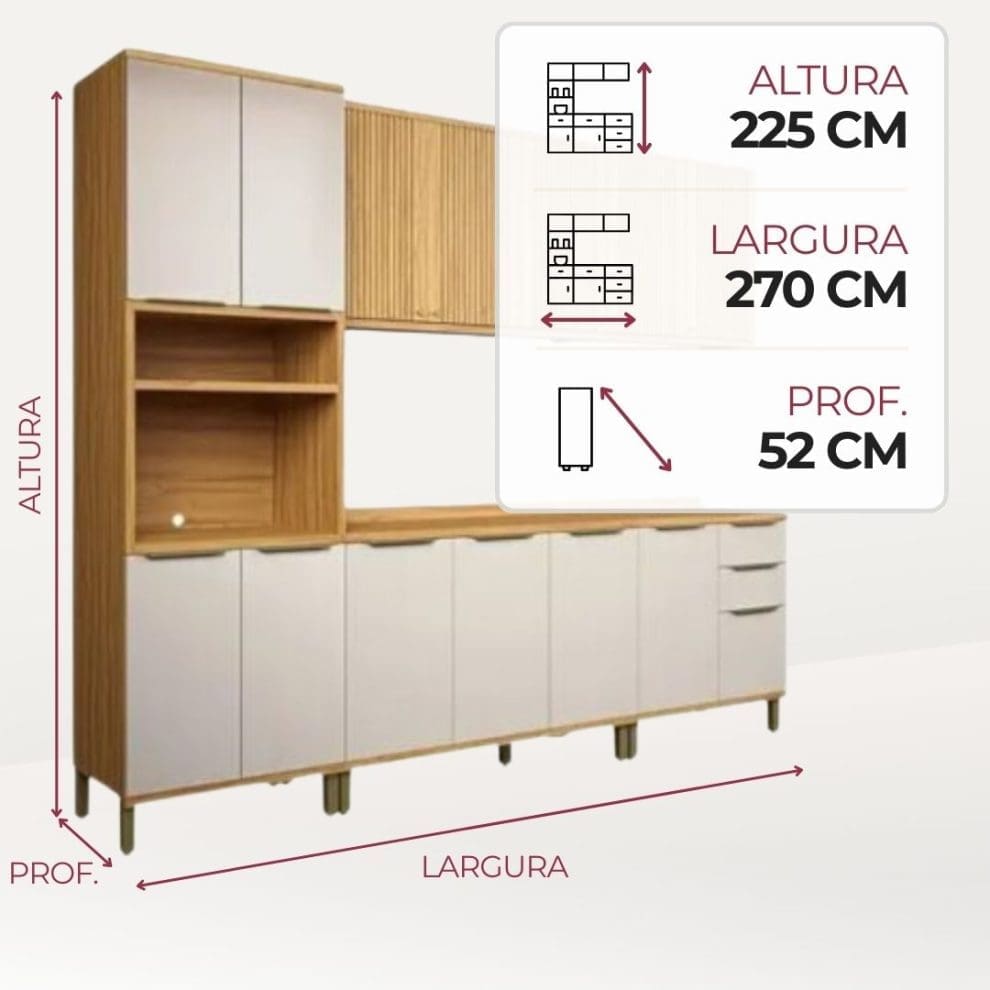 Conjunto Cozinha Pandora Conjunto de Cozinha 5 Peças Pandora – 270 cm – Amêndoa/Off White