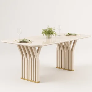 Mesa de Jantar Celine 180x100 cm – Off White, Tampo em MDF 25 mm com Vidro e Base Usinada para 6 Lugares