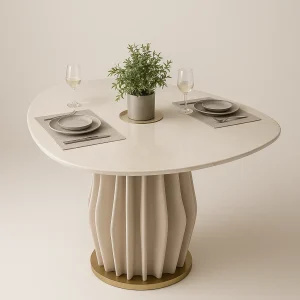 Mesa de Jantar Orgânica Luar 136x136 cm – Off White, Tampo em MDF com Vidro e Base Curva Dourada para 5 Lugares