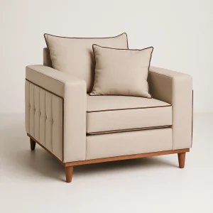 Poltrona Loren 90 cm – Linho Areia, Molas Ensacadas, Espuma D28 Soft e Pés em Madeira Imbuia