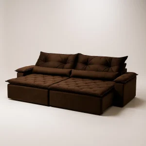Sofá Retrátil e Reclinável Âmbar 240 cm – Veludo Jolie Marrom, Pillow 15 cm e Estrutura de Madeira Reflorestada