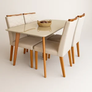 Mesa com vidro Medelin 120x80 com  4 cadeiras Evora Bege