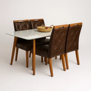 Mesa com vidro Medelin 120x80 com  4 cadeiras Imperatriz marrom