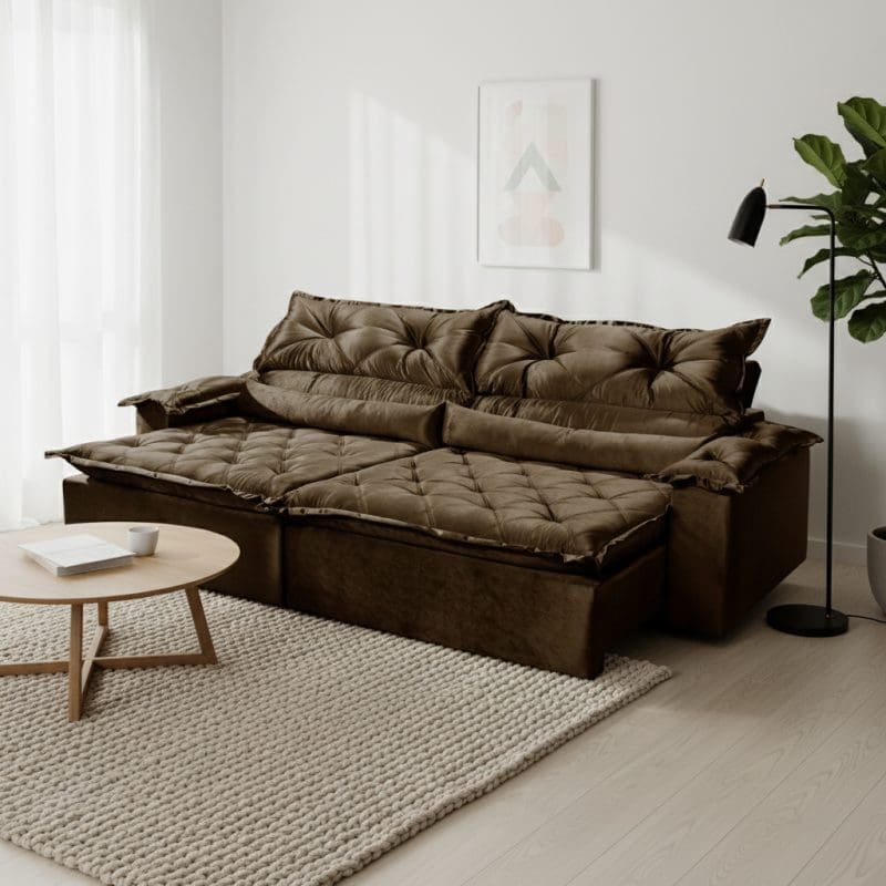 generated image 1761226877149 Sofá Retrátil e Reclinável Âmbar 240 cm – Veludo Jolie Marrom, Pillow 15 cm e Estrutura de Madeira Reflorestada