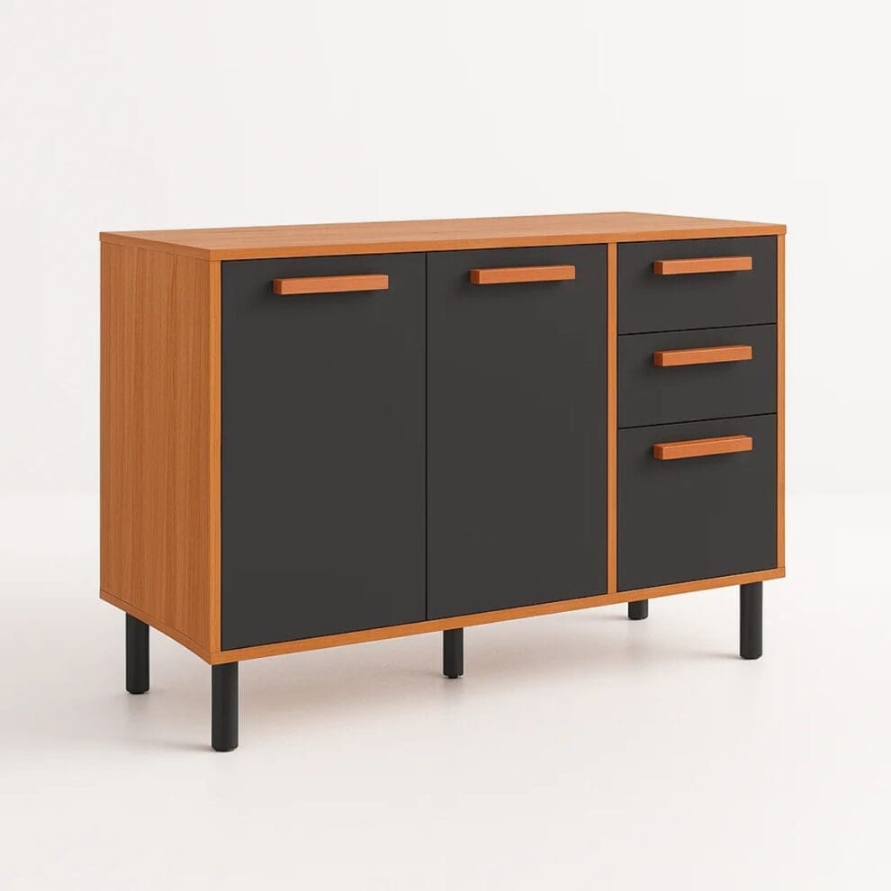 0001 5452 Balcão de Cozinha Júpiter – 3 Portas e 2 Gavetas – Cinamomo/Grafite – 1,20 m