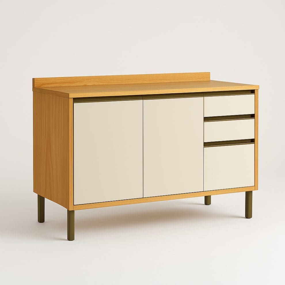 20250609 1611 Studio Furniture Display remix 01jxb1k0qnf89scg71sxr3sn36 Balcão Andirá – 120 cm – Amêndoa/Off White