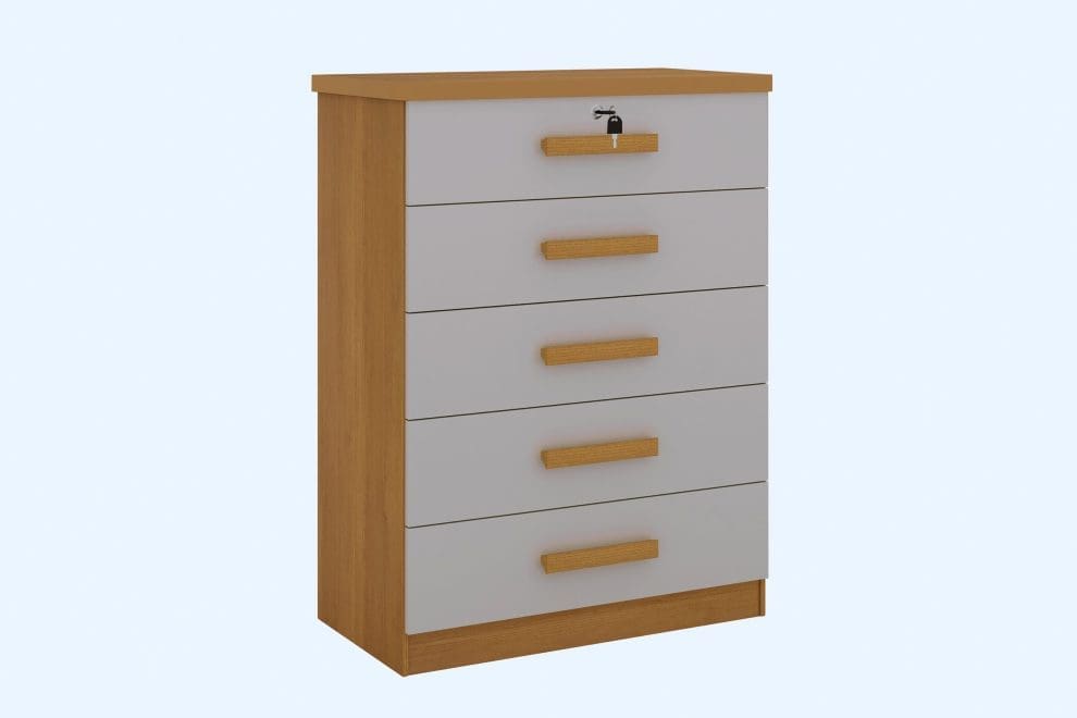 COMODA IPANEMA CINAMOMO COM OFF WHITE scaled 1 Cômoda Tulsa – 5 Gavetas – 100% MDF – 85 cm de Largura x 116 cm de Altura – Cinamomo/Off White