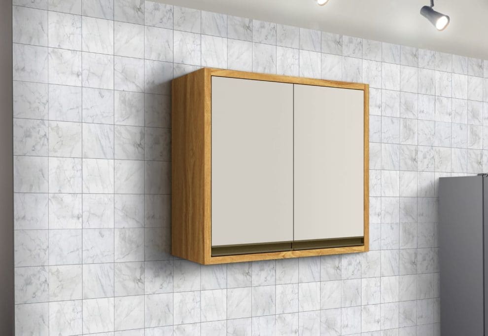 WhatsApp Image 2025 06 05 at 09.27.27 Armário Aéreo Andirá 80 cm – Amêndoa/Off White, 100% MDF, 2 Portas e Prateleira Interna