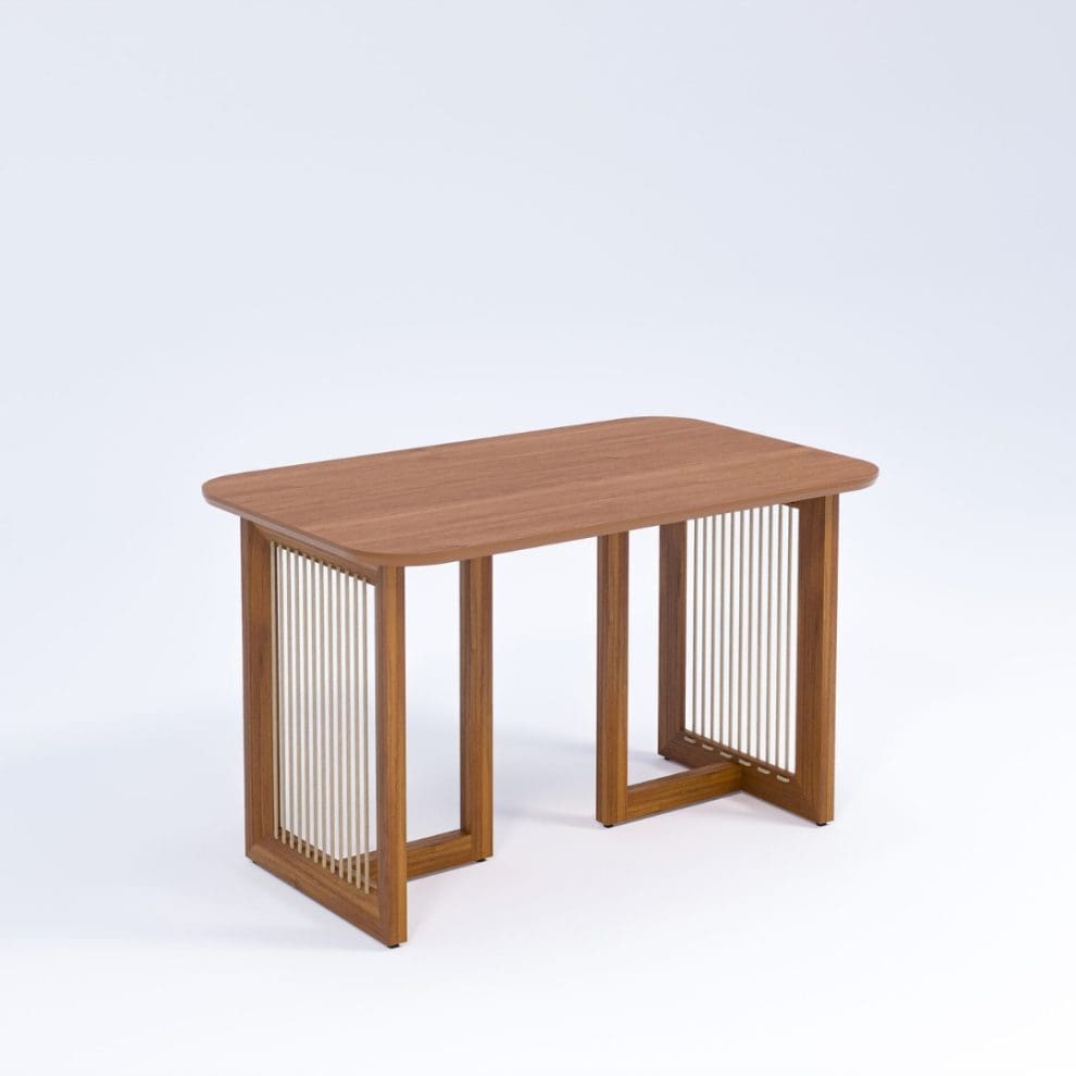 1 12 Mesa de Jantar Agnes 130x80 – Cinamomo, Madeira Tauari e Tampo MDF Chanfrado