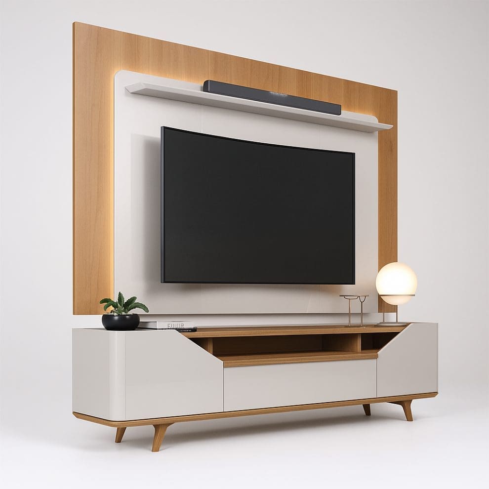 20250709 1513 Studio Furniture Presentation remix 01jzr6346we5trt7qtn9xt73cs Conjunto Painel e Rack Bégonia 2P 180x114 - Off White/Nature