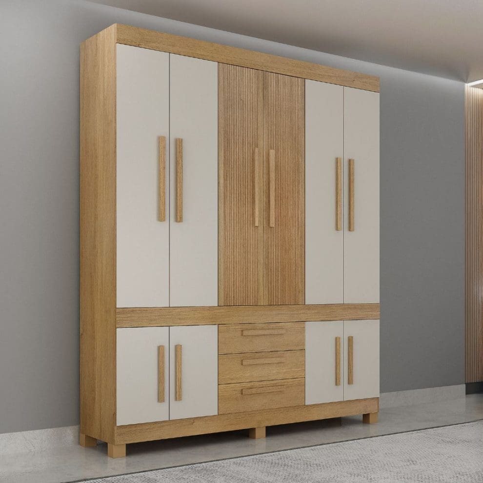 4 11 Guarda-Roupa Casal 10 Portas Zara – 3 Gavetas – 100% MDF – Cinamomo com Off White – 1,85 m – Portas Frisadas