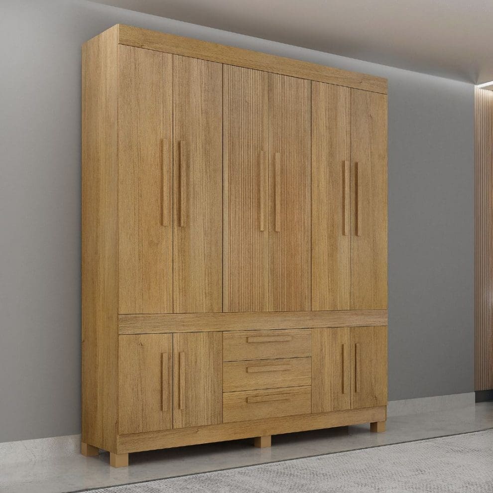 5 9 Guarda-Roupa Casal 10 Portas Zara – 3 Gavetas – 100% MDF – Cinamomo – 1,85 m – Portas Frisadas