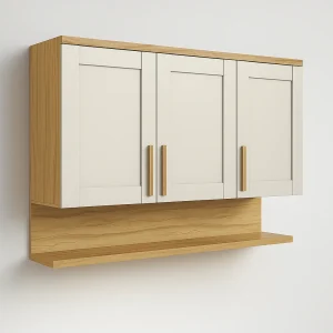 Armário Aéreo Florença 120 cm 3 Portas – Amêndoa/Off White, 100% MDF, Pistão a Gás
