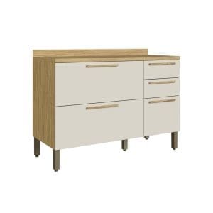 Balcão de Cozinha Florença 120 cm – Amêndoa/Off White, 3 Portas, 2 Gavetas e Tampo em MDF 15 mm