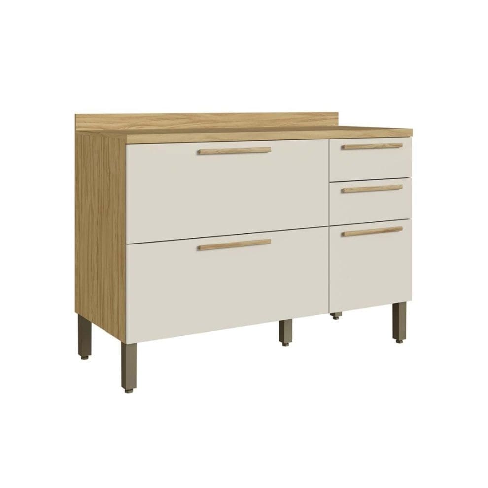 0001 11716 1 Balcão de Cozinha Florença 120 cm – Amêndoa/Off White, 3 Portas, 2 Gavetas e Tampo em MDF 15 mm