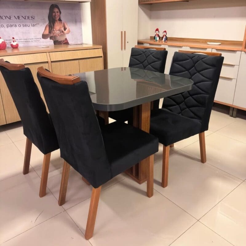 1 5 Mesa de Jantar Segovia 0.90mem MDF com 4 Cadeiras Evora (Madeira Maciça, Veludo Preto) - Tampo em Vidro 4 mm