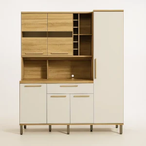 Kit Cozinha Compacta Denver 220 cm – Amêndoa/Off White, 6 Portas, 1 Gaveta e Nicho para Forno