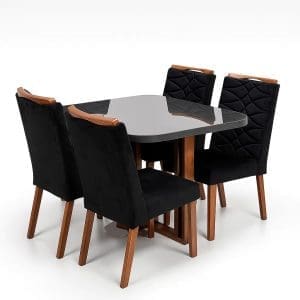 Mesa de Jantar Segovia 90x90 em MDF com 4 Cadeiras Evora (Madeira Maciça, Veludo Preto) – Tampo em Vidro 4 mm