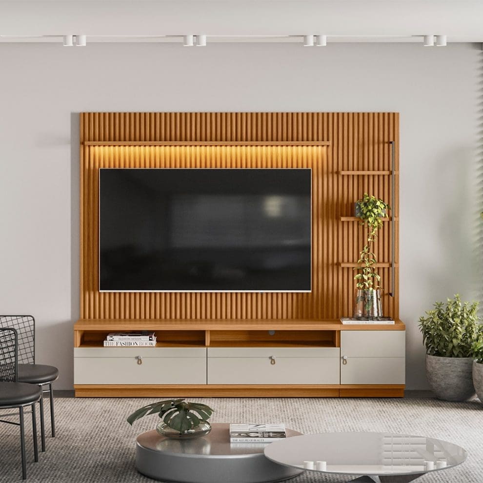 conjunto rack painel 1 modulo lateral ouro preto 1 Conjunto Rack + Painel + Módulo Lateral Catalunha 2,24 m para TV até 75” – MDP/MDF, Painel Ripado e LED