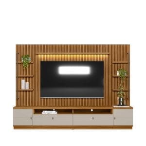 Conjunto Rack + Painel + 2 Módulos Laterais Catalunha 2,68 m para TV até 75” – MDP/MDF, Painel Ripado e LED
